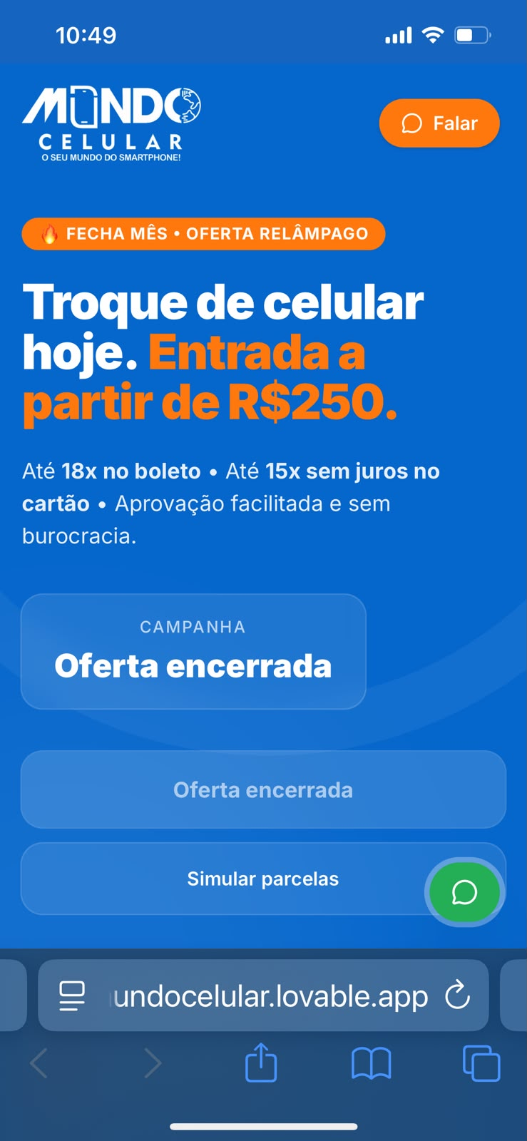 Página inicial do site da Mundo Celular